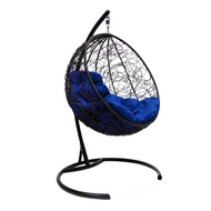 Кресло подвесное Кокон Круглое Ротанг (чёрное с синей подушкой)
