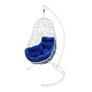 Кресло подвесное Кокон Овал Ротанг (белое с синей подушкой)