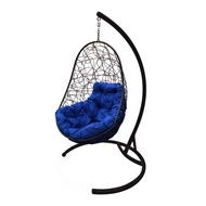 Кресло подвесное Кокон Овал Ротанг (чёрное с синей подушкой)