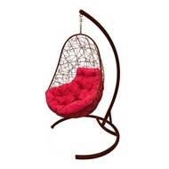 Кресло подвесное Кокон Овал Ротанг (коричневое с красной подушкой)