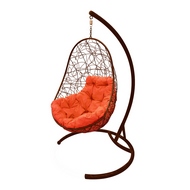 Кресло подвесное Кокон Овал Ротанг (коричневое с оранжевой подушкой)