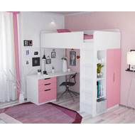 Детская кровать-чердак Polini Simple с столом и шкафом (бело-розовая)