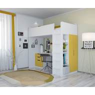 Детская кровать-чердак Polini Simple с столом и шкафом (бело-желтая)